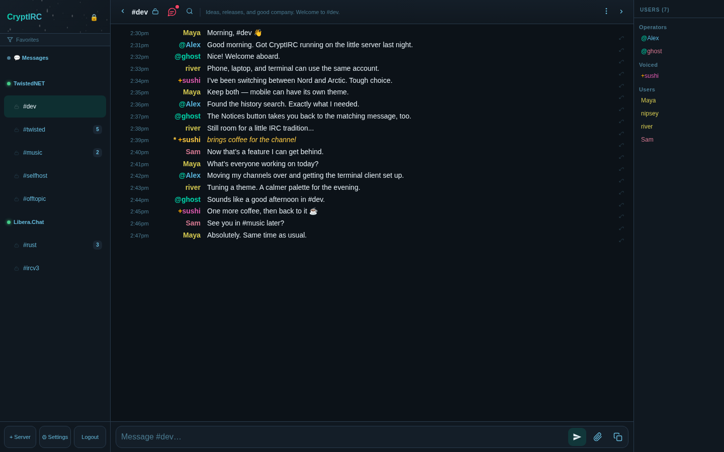 CryptIRC desktop client with channel sidebar, message history, and user list