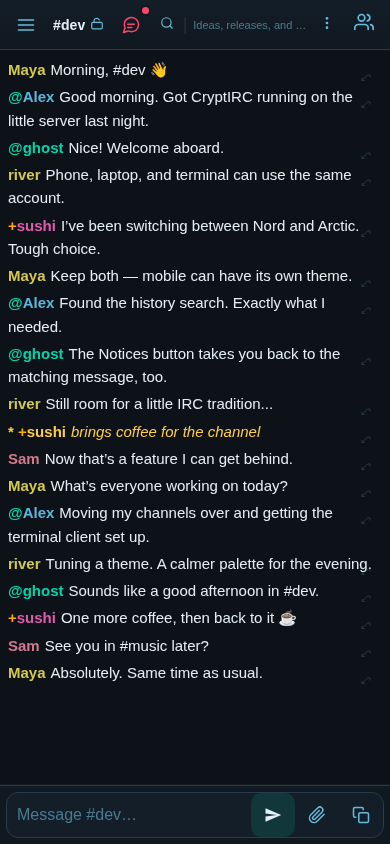 CryptIRC conversation in the mobile web app